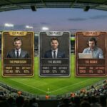 Leaderboard showing top three tipsters in a football stadium with profit, ROI, and hit rate statistics displayed on ranking cards.