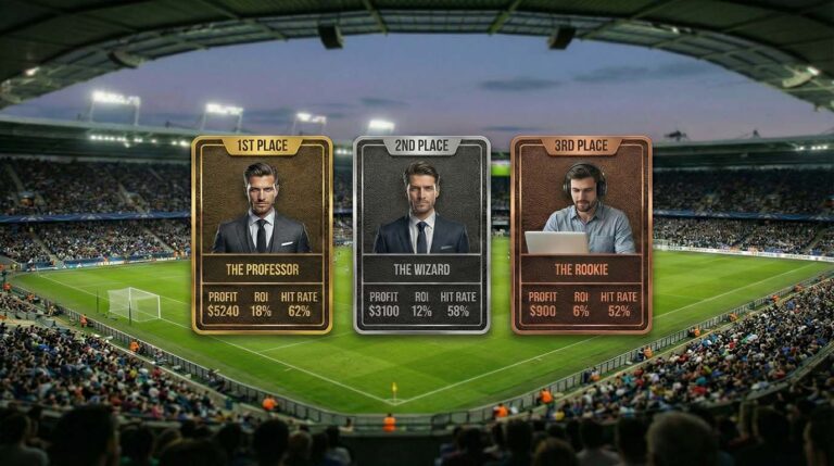 Leaderboard showing top three tipsters in a football stadium with profit, ROI, and hit rate statistics displayed on ranking cards.