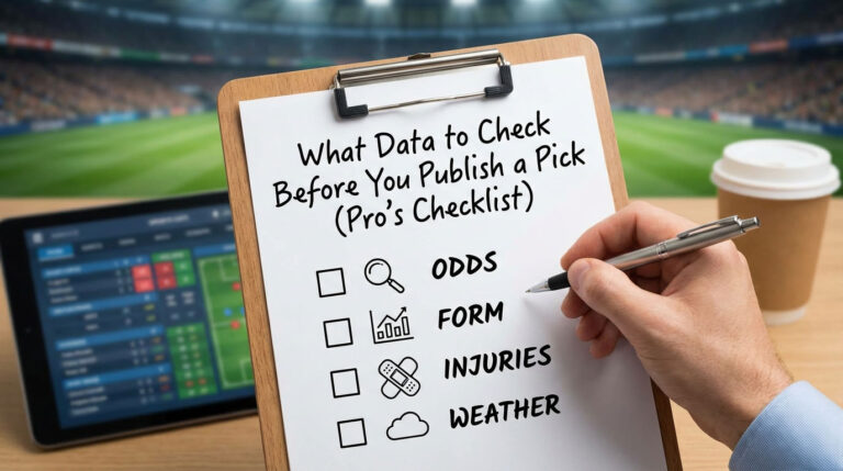 Checklist showing key data to review before publishing a betting pick, including odds, team form, injuries, and weather