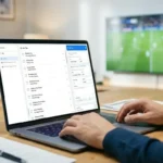 Person using OwnTheGame on a laptop to post picks faster while watching a live football match in the background