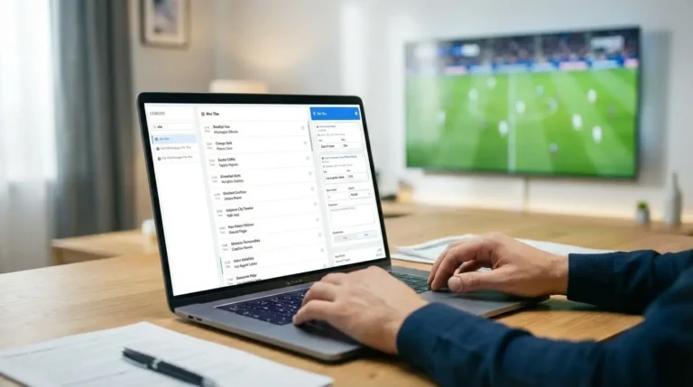 Person using OwnTheGame on a laptop to post picks faster while watching a live football match in the background
