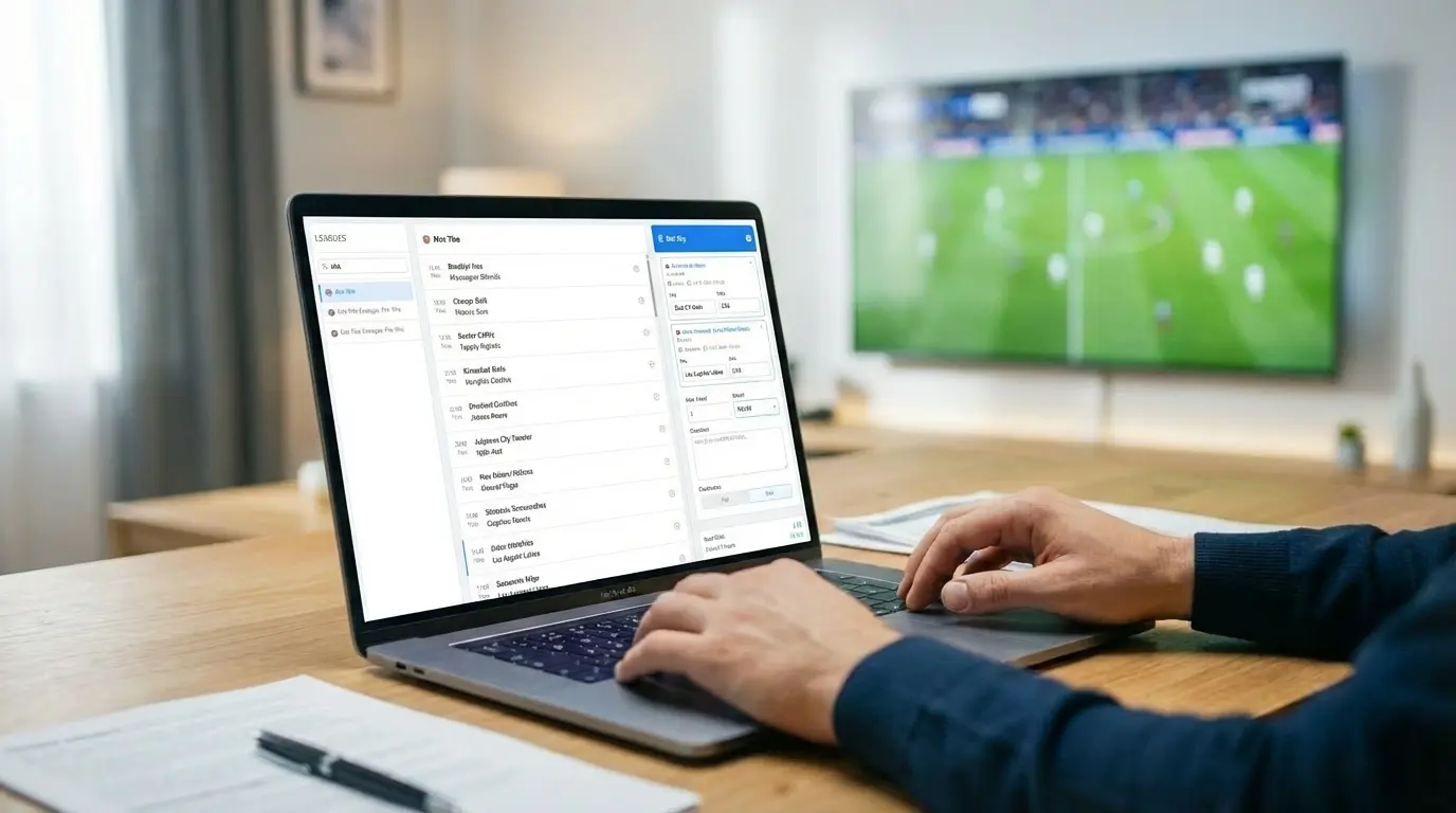 Person using OwnTheGame on a laptop to post picks faster while watching a live football match in the background