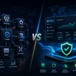 Split-screen sports tech visual comparing a complex DIY tipster site setup with a cleaner hosted tipster site platform.