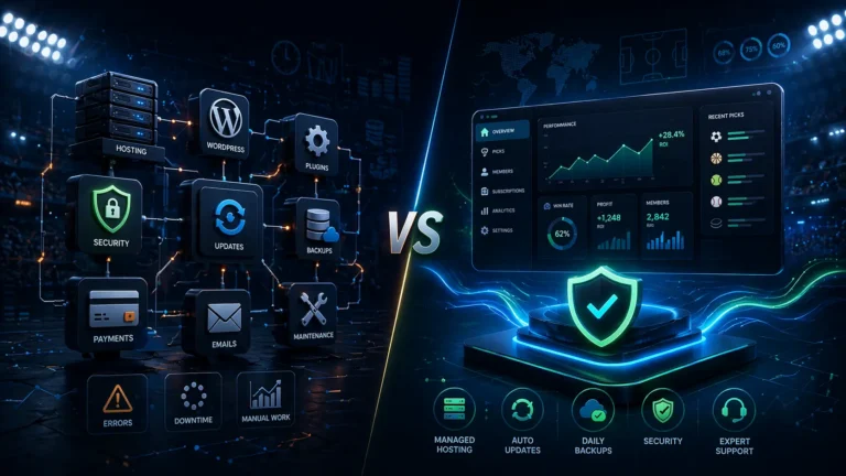 Split-screen sports tech visual comparing a complex DIY tipster site setup with a cleaner hosted tipster site platform.