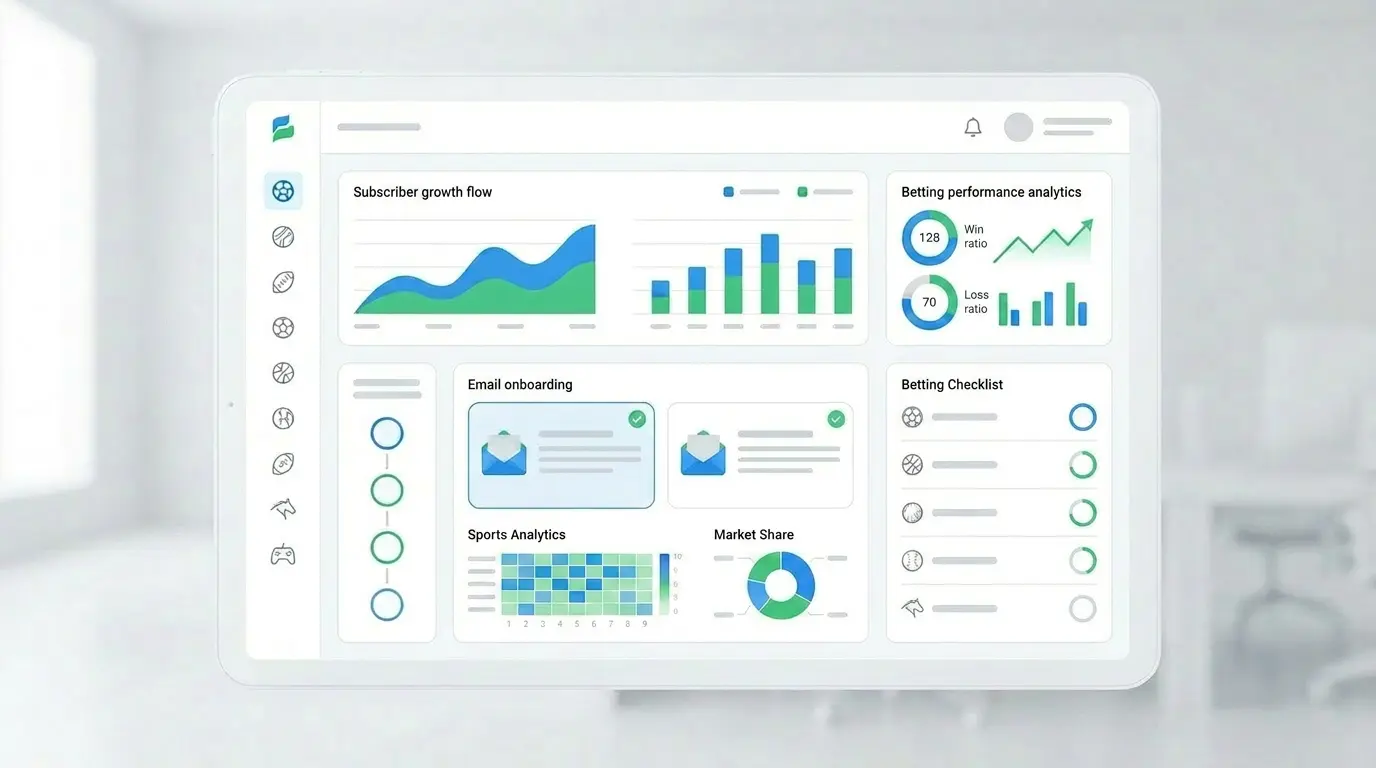 Modern tipster platform dashboard showing subscriber onboarding flow, email message cards, and betting analytics widgets.